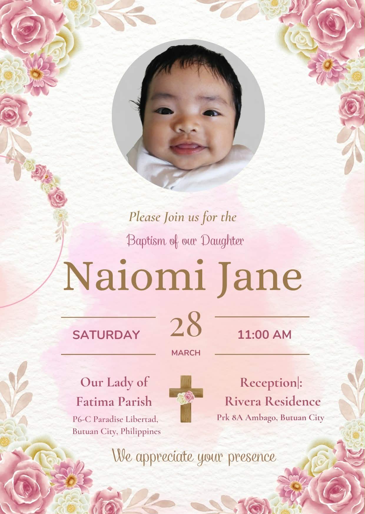 Front side of baptism invitation